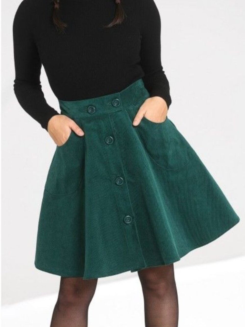 Green Corduroy Hell Bunny Flared Skirt 'Wonder Years'